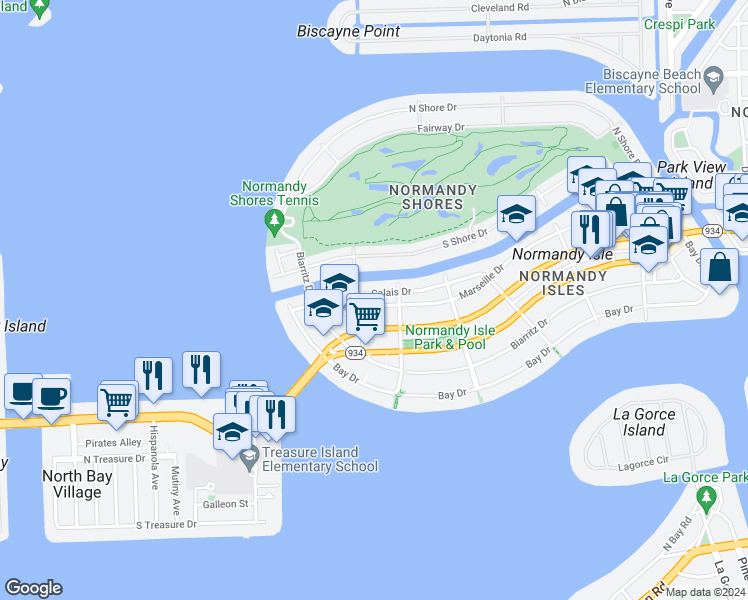 map of restaurants, bars, coffee shops, grocery stores, and more near 1915 Calais Drive in Miami Beach