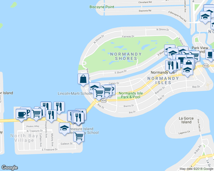 map of restaurants, bars, coffee shops, grocery stores, and more near 1995 Calais Drive in Miami Beach