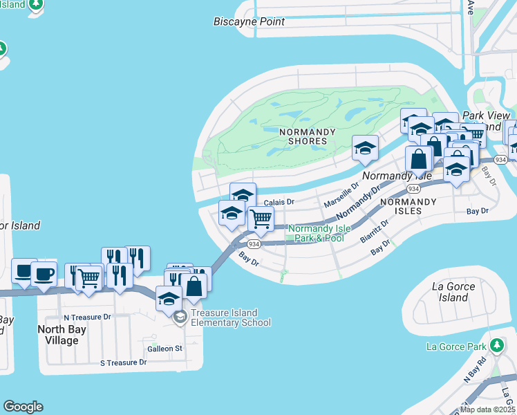 map of restaurants, bars, coffee shops, grocery stores, and more near 1995 Calais Drive in Miami Beach