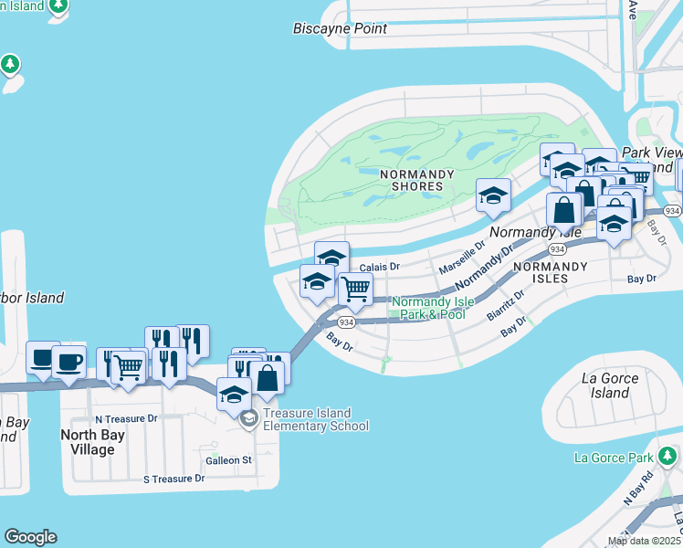 map of restaurants, bars, coffee shops, grocery stores, and more near 1995 Calais Drive in Miami Beach