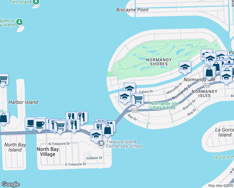 map of restaurants, bars, coffee shops, grocery stores, and more near 1040 South Shore Drive in Miami