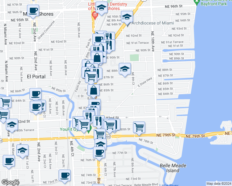 map of restaurants, bars, coffee shops, grocery stores, and more near 701 Northeast 85th Street in Miami