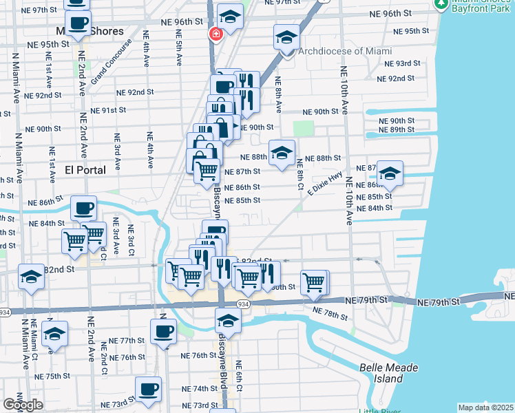 map of restaurants, bars, coffee shops, grocery stores, and more near 701 Northeast 85th Street in Miami