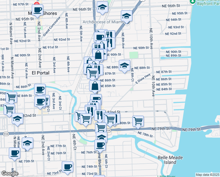 map of restaurants, bars, coffee shops, grocery stores, and more near 701 Northeast 85th Street in Miami