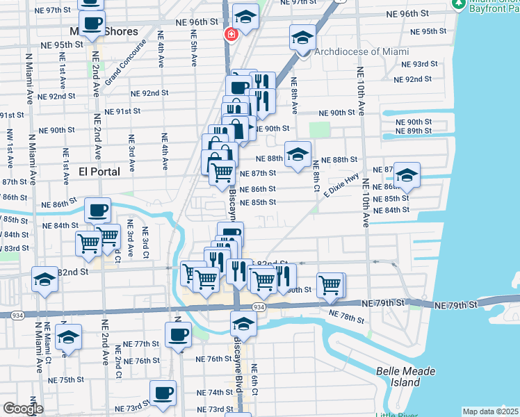 map of restaurants, bars, coffee shops, grocery stores, and more near 701 Northeast 85th Street in Miami