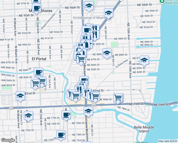 map of restaurants, bars, coffee shops, grocery stores, and more near 639 Northeast 85th Street in Miami