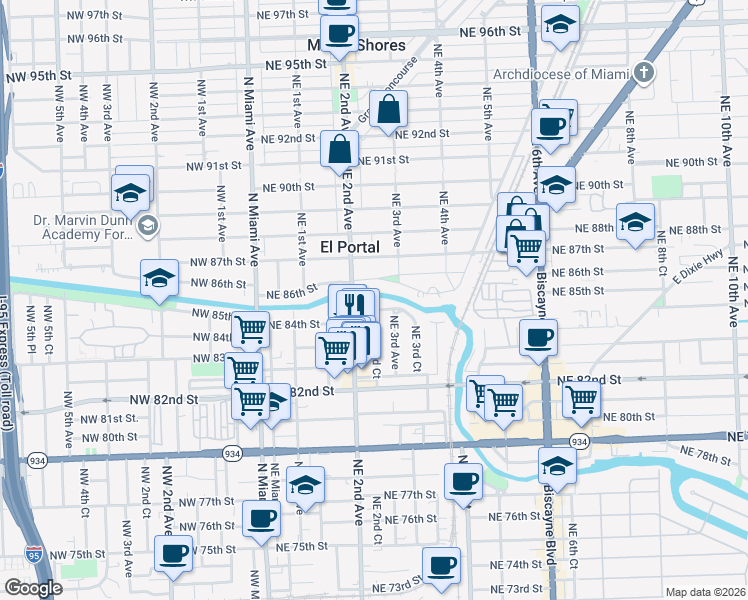 map of restaurants, bars, coffee shops, grocery stores, and more near 268 Northeast 85th Street in El Portal