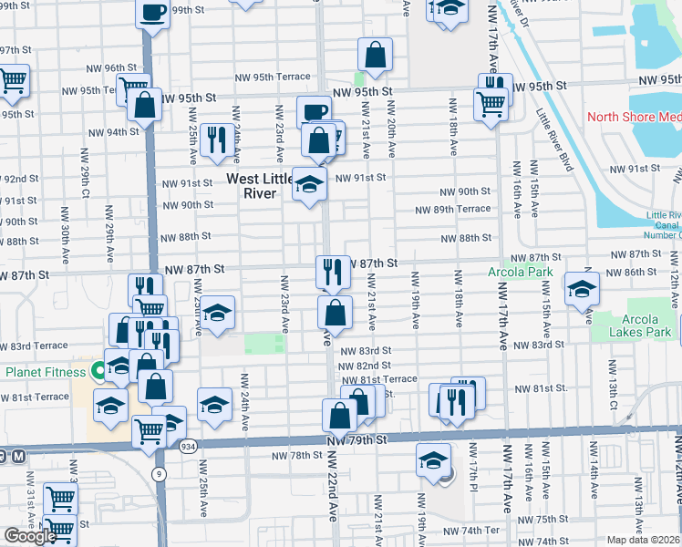 map of restaurants, bars, coffee shops, grocery stores, and more near 8701 Northwest 22nd Avenue in Miami