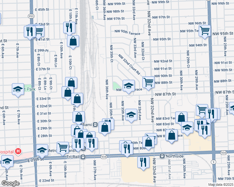 map of restaurants, bars, coffee shops, grocery stores, and more near 3655 Northwest 87th Terrace in Miami