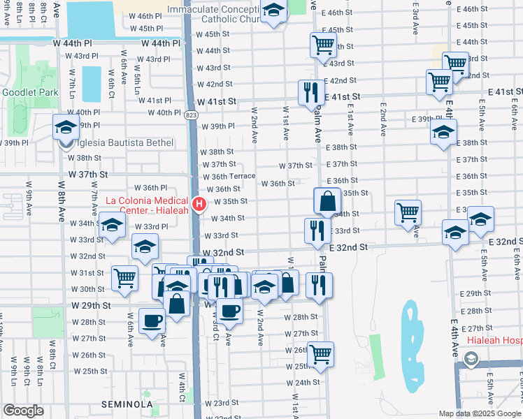 map of restaurants, bars, coffee shops, grocery stores, and more near 171 West 35th Street in Hialeah