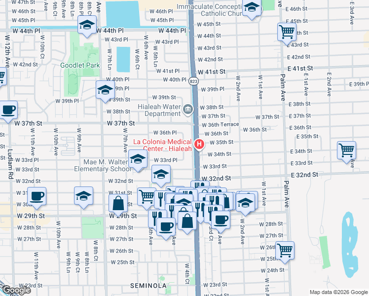 map of restaurants, bars, coffee shops, grocery stores, and more near 471 West 35th Place in Hialeah