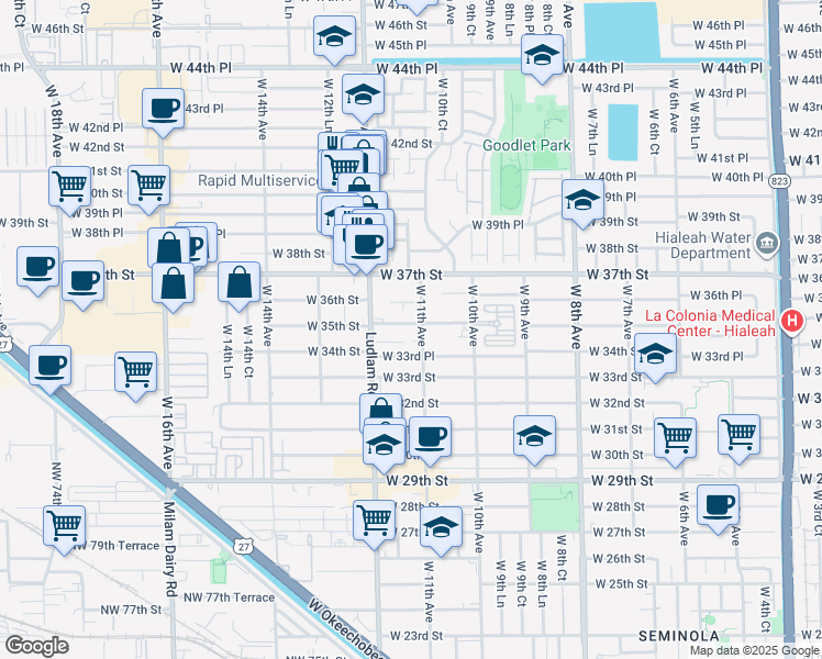 map of restaurants, bars, coffee shops, grocery stores, and more near 1169-1199 West 35th Place in Hialeah