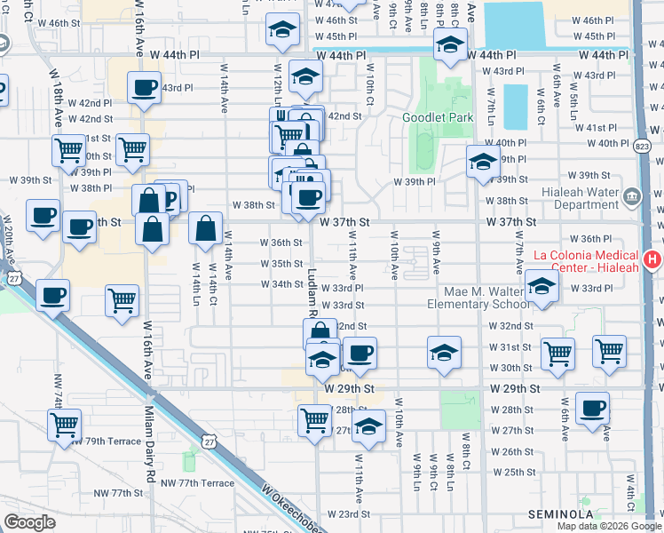 map of restaurants, bars, coffee shops, grocery stores, and more near 1169-1199 West 35th Place in Hialeah
