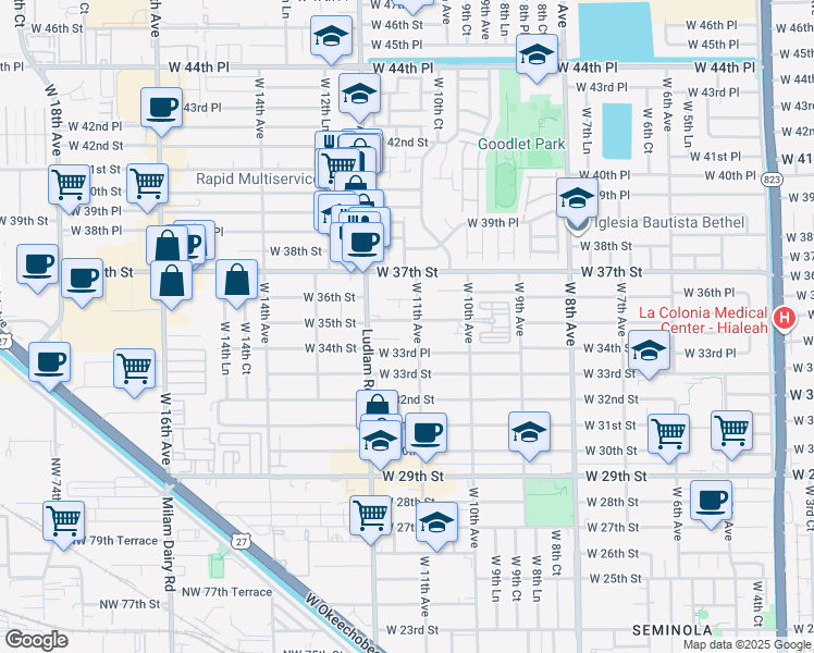 map of restaurants, bars, coffee shops, grocery stores, and more near 1169-1199 West 35th Place in Hialeah