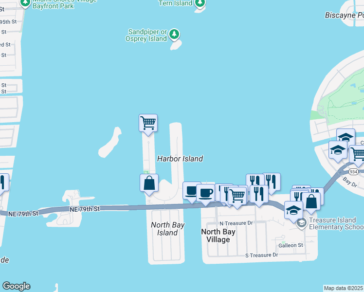 map of restaurants, bars, coffee shops, grocery stores, and more near 7945 East Drive in North Bay Village