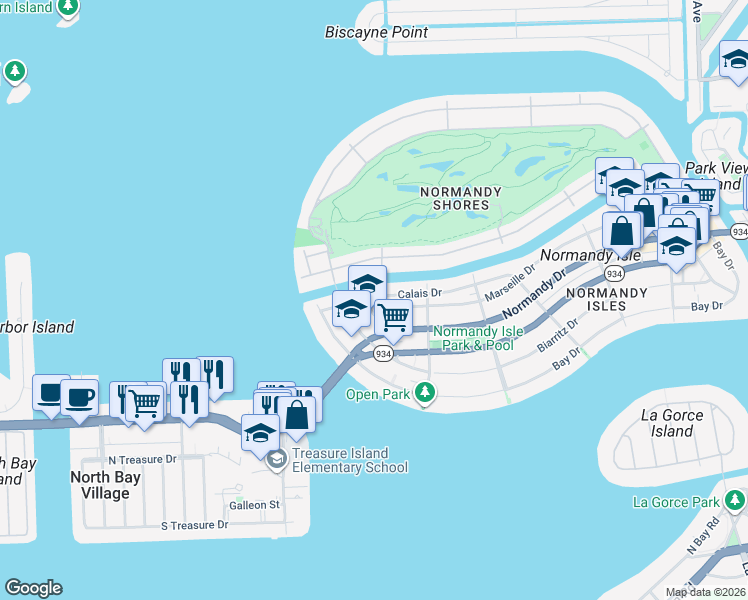 map of restaurants, bars, coffee shops, grocery stores, and more near 1995 Calais Drive in Miami Beach