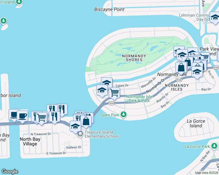 map of restaurants, bars, coffee shops, grocery stores, and more near 1995 Calais Drive in Miami Beach