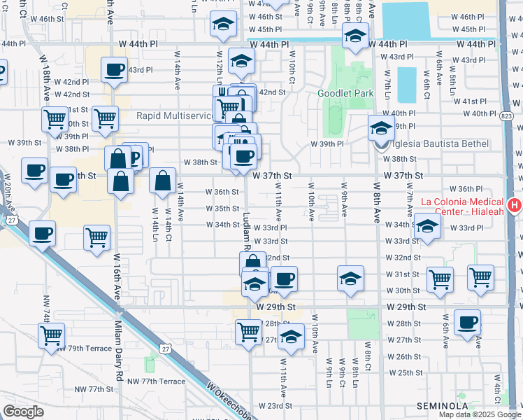 map of restaurants, bars, coffee shops, grocery stores, and more near 1169-1199 West 35th Place in Hialeah