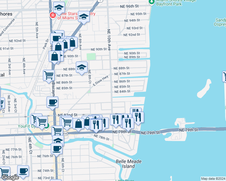 map of restaurants, bars, coffee shops, grocery stores, and more near 8501 Northeast 10th Avenue in Miami