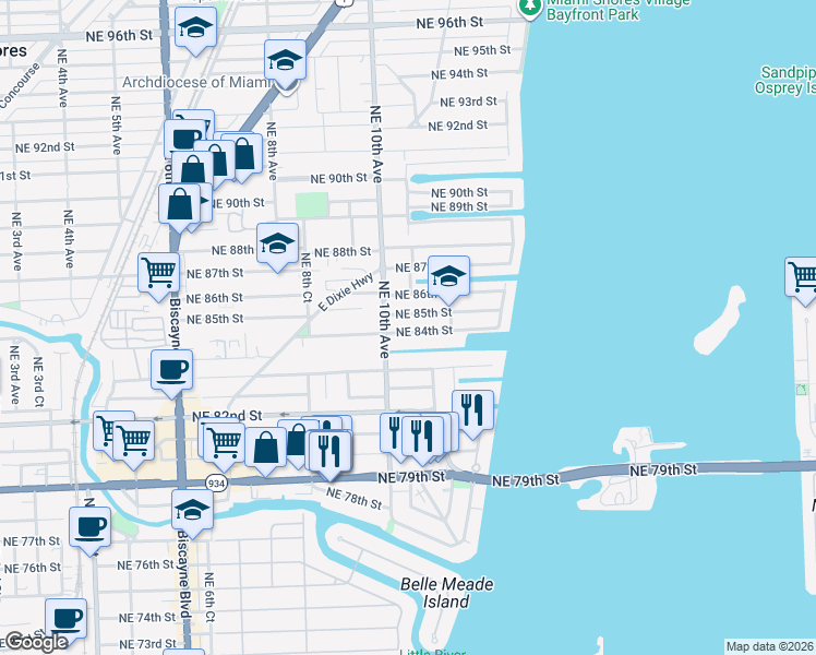 map of restaurants, bars, coffee shops, grocery stores, and more near 1081 Northeast 85th Street in Miami