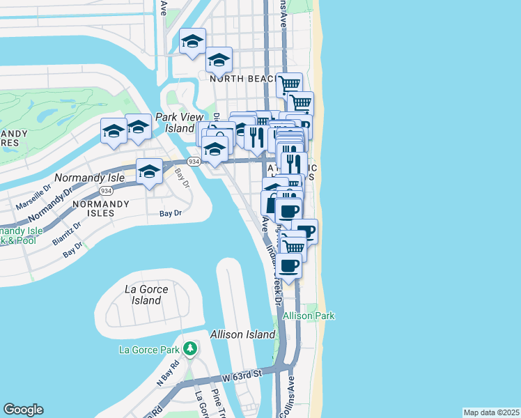 map of restaurants, bars, coffee shops, grocery stores, and more near 6890 Abbott Avenue in Miami Beach