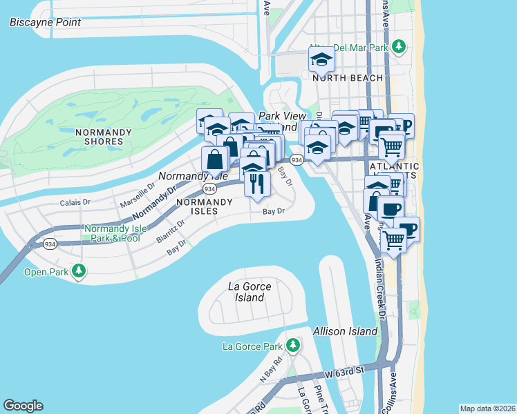map of restaurants, bars, coffee shops, grocery stores, and more near 1007 Bay Drive in Miami Beach