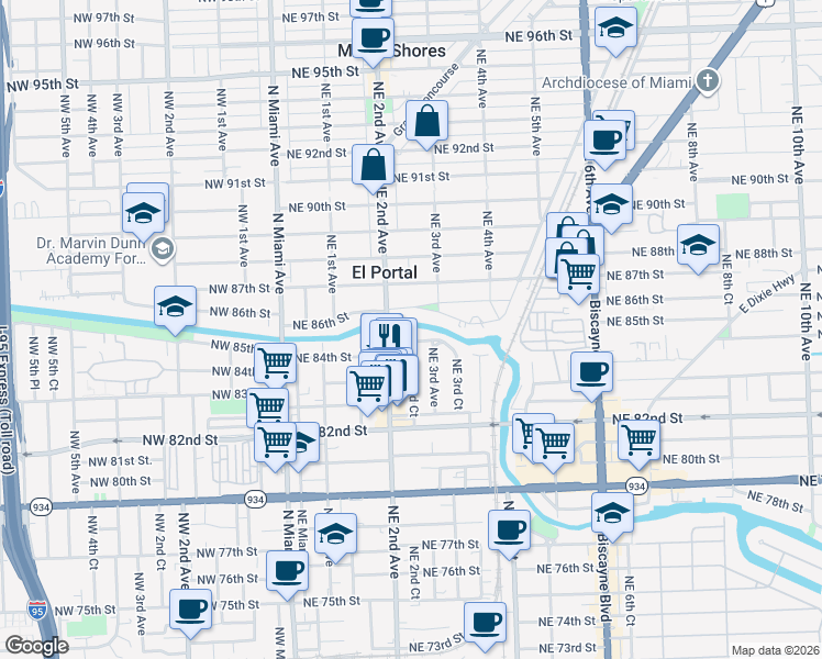 map of restaurants, bars, coffee shops, grocery stores, and more near 268 Northeast 85th Street in El Portal
