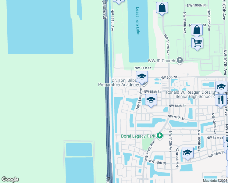 map of restaurants, bars, coffee shops, grocery stores, and more near 8860 Northwest 116th Path in Medley