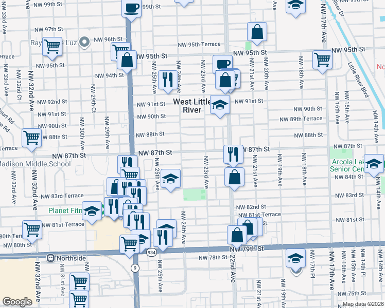 map of restaurants, bars, coffee shops, grocery stores, and more near 2350 Northwest 87th Street in Miami