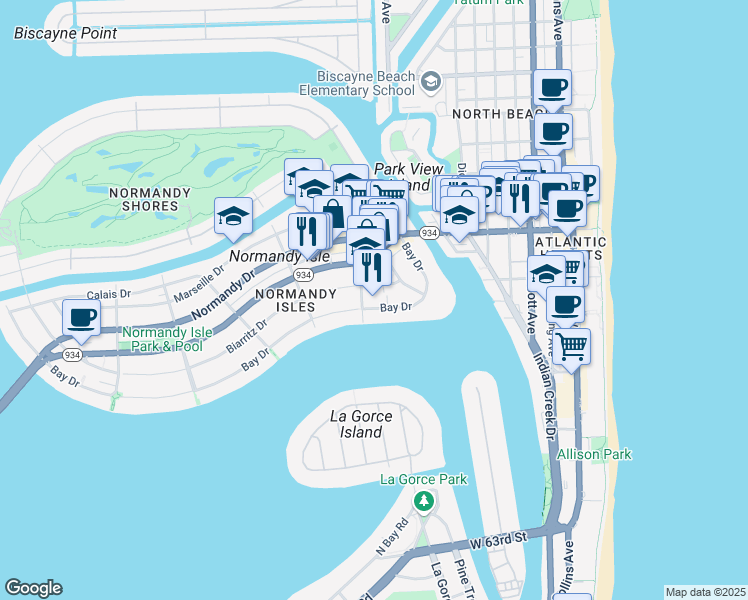 map of restaurants, bars, coffee shops, grocery stores, and more near 1007 Bay Drive in Miami Beach