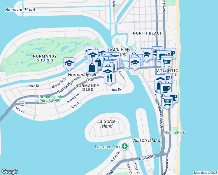 map of restaurants, bars, coffee shops, grocery stores, and more near 1011 Bay Drive in Miami Beach