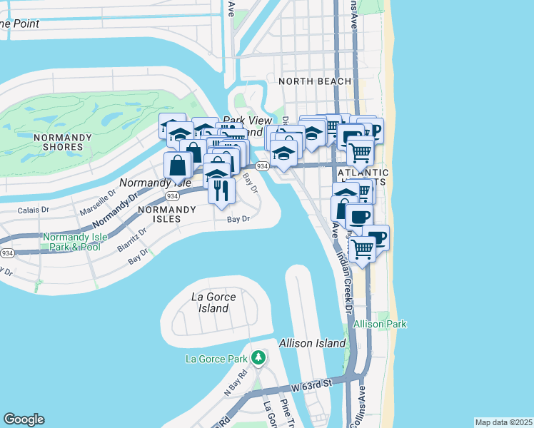 map of restaurants, bars, coffee shops, grocery stores, and more near 900 Bay Drive in Miami Beach