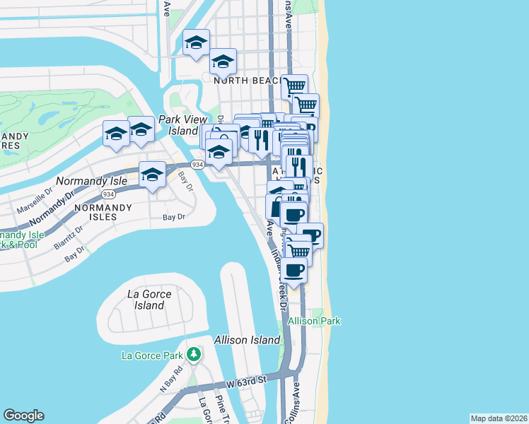 map of restaurants, bars, coffee shops, grocery stores, and more near 6890 Abbott Avenue in Miami Beach