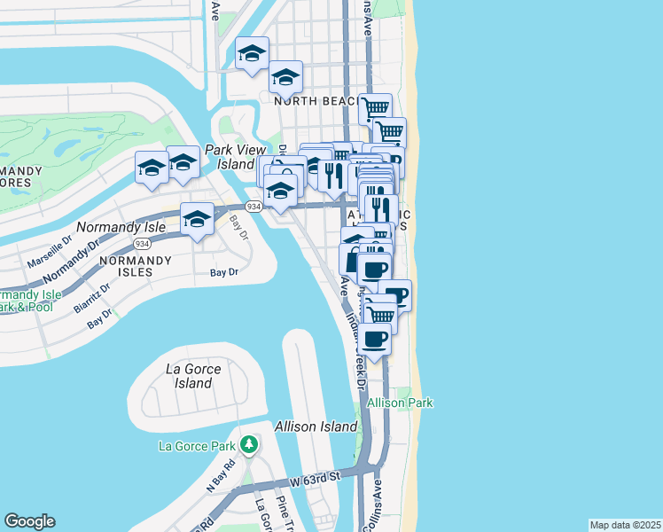map of restaurants, bars, coffee shops, grocery stores, and more near 6890 Abbott Avenue in Miami Beach