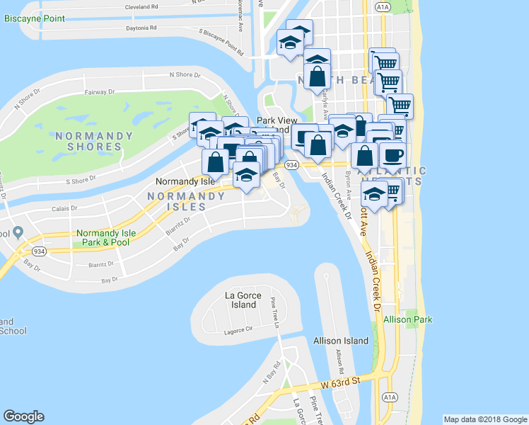 map of restaurants, bars, coffee shops, grocery stores, and more near 965-975 Biarritz Drive in Miami Beach