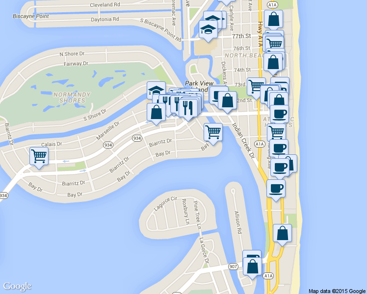 map of restaurants, bars, coffee shops, grocery stores, and more near 965-975 Biarritz Drive in Miami Beach