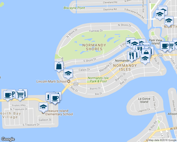 map of restaurants, bars, coffee shops, grocery stores, and more near 1745 Calais Drive in Miami Beach