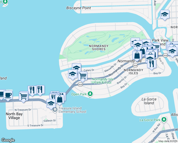 map of restaurants, bars, coffee shops, grocery stores, and more near 1915 Calais Drive in Miami Beach