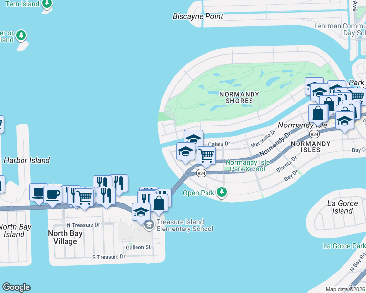 map of restaurants, bars, coffee shops, grocery stores, and more near 970 South Shore Drive in Miami Beach