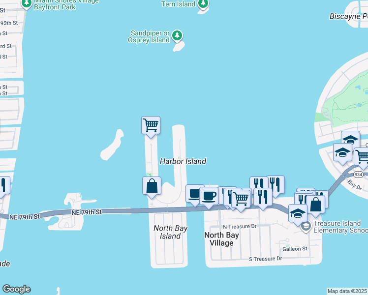 map of restaurants, bars, coffee shops, grocery stores, and more near 7945 East Drive in North Bay Village