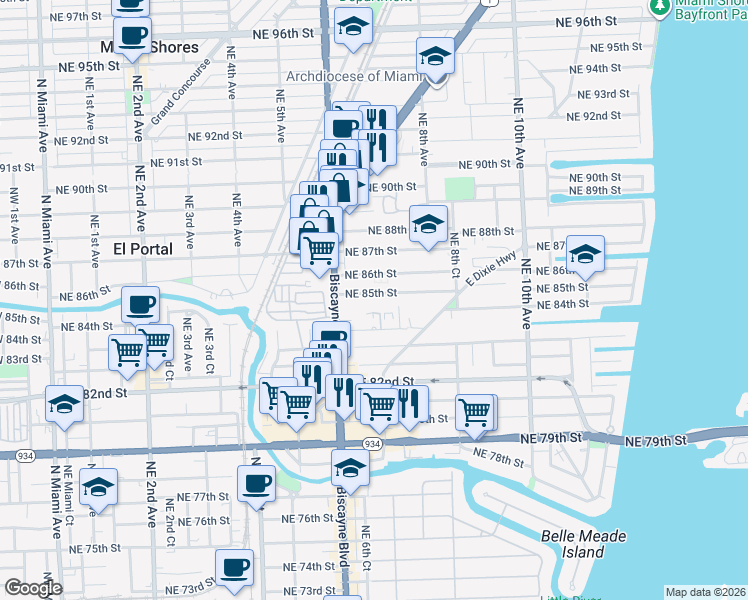 map of restaurants, bars, coffee shops, grocery stores, and more near 701 Northeast 85th Street in Miami