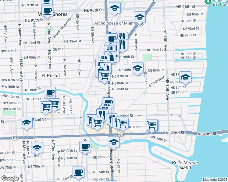 map of restaurants, bars, coffee shops, grocery stores, and more near 639 Northeast 85th Street in Miami