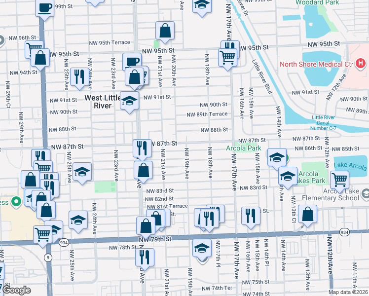 map of restaurants, bars, coffee shops, grocery stores, and more near 8701 Northwest 20th Avenue in Miami