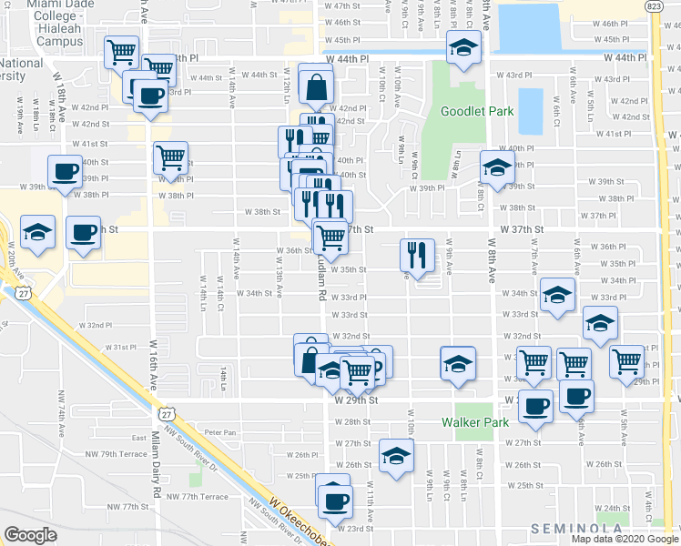 map of restaurants, bars, coffee shops, grocery stores, and more near 1169-1199 West 35th Place in Hialeah
