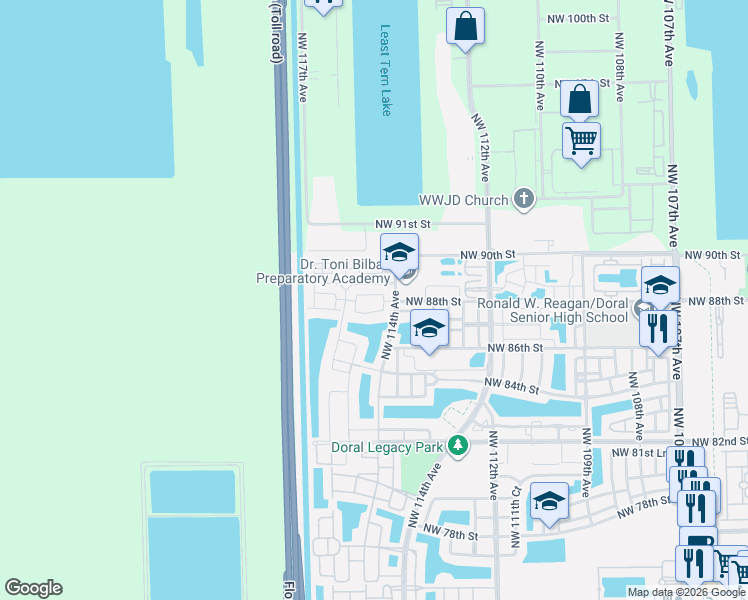map of restaurants, bars, coffee shops, grocery stores, and more near 8820 Northwest 115th Court in Doral