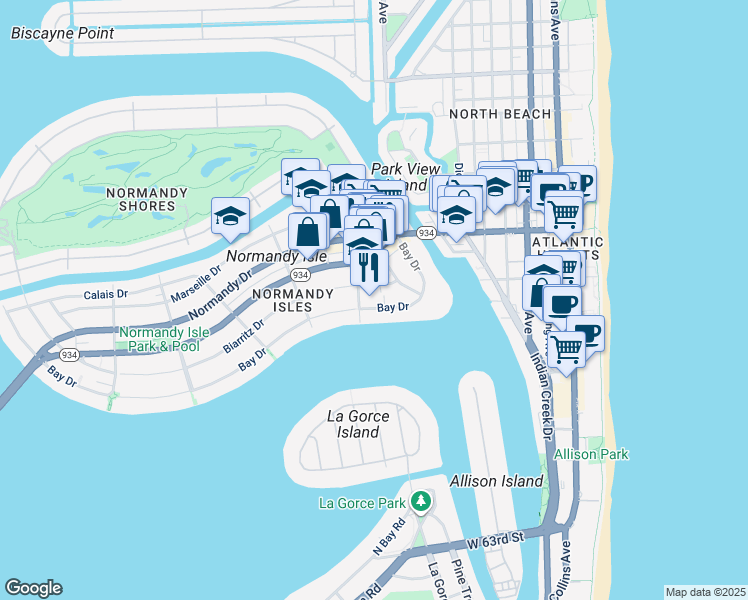 map of restaurants, bars, coffee shops, grocery stores, and more near 965-975 Biarritz Drive in Miami Beach