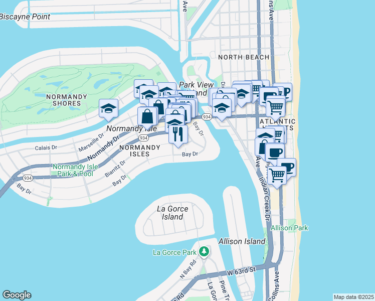 map of restaurants, bars, coffee shops, grocery stores, and more near 965-975 Biarritz Drive in Miami Beach