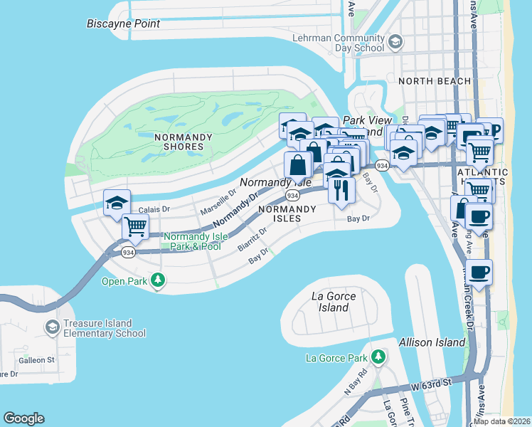 map of restaurants, bars, coffee shops, grocery stores, and more near 1330 Florida 934 in Miami Beach