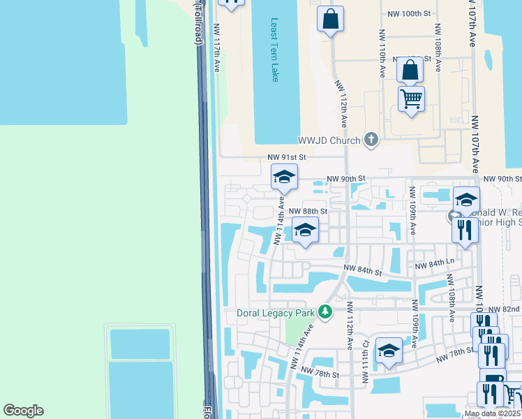 map of restaurants, bars, coffee shops, grocery stores, and more near 11455 Northwest 88th Lane in Doral