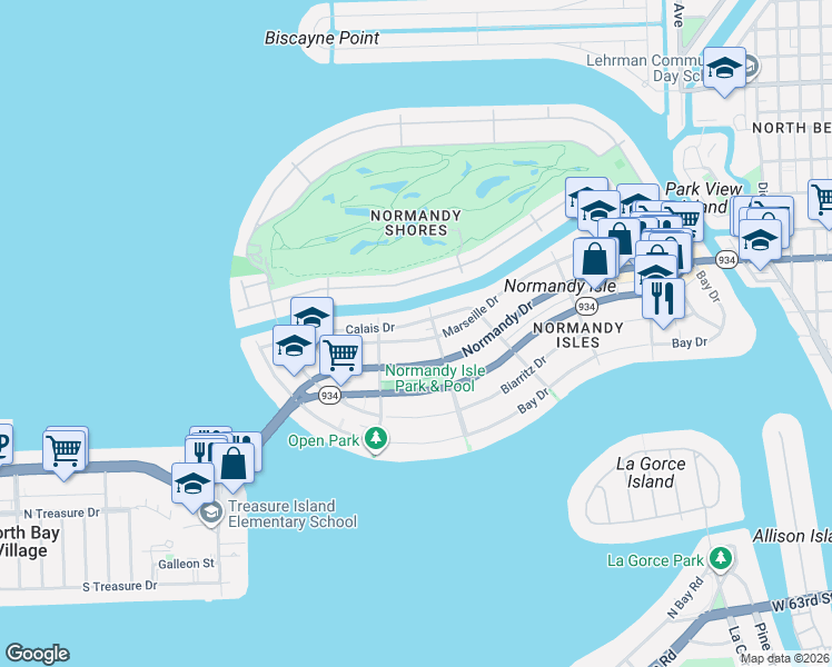 map of restaurants, bars, coffee shops, grocery stores, and more near 1745 Calais Drive in Miami Beach